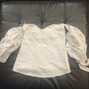 E.SSUE striped off the shoulder puffy sleeve top